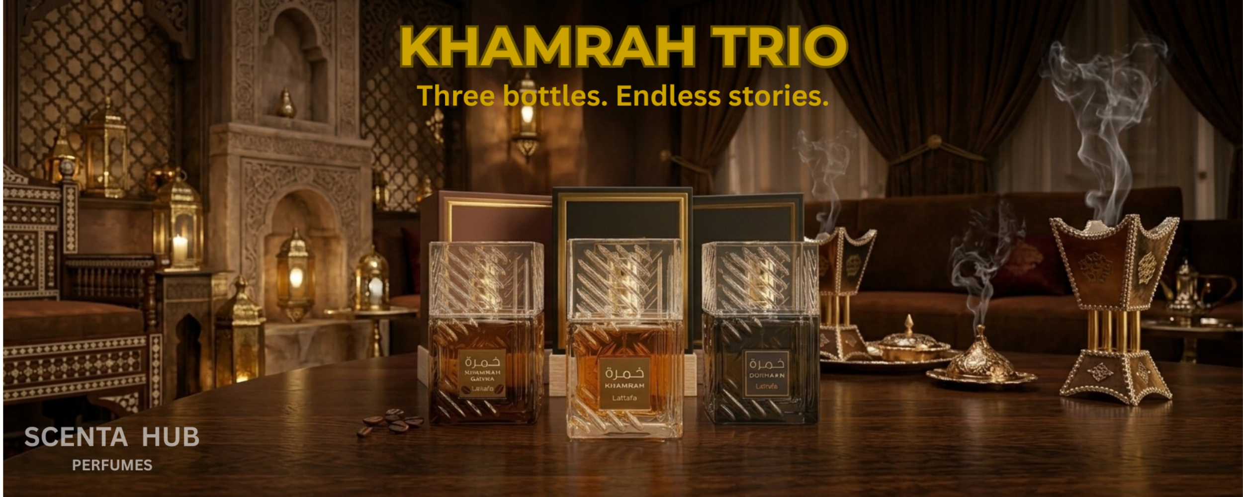 Khamrah Trio perfume bottles displayed on a wooden table with a luxurious background.