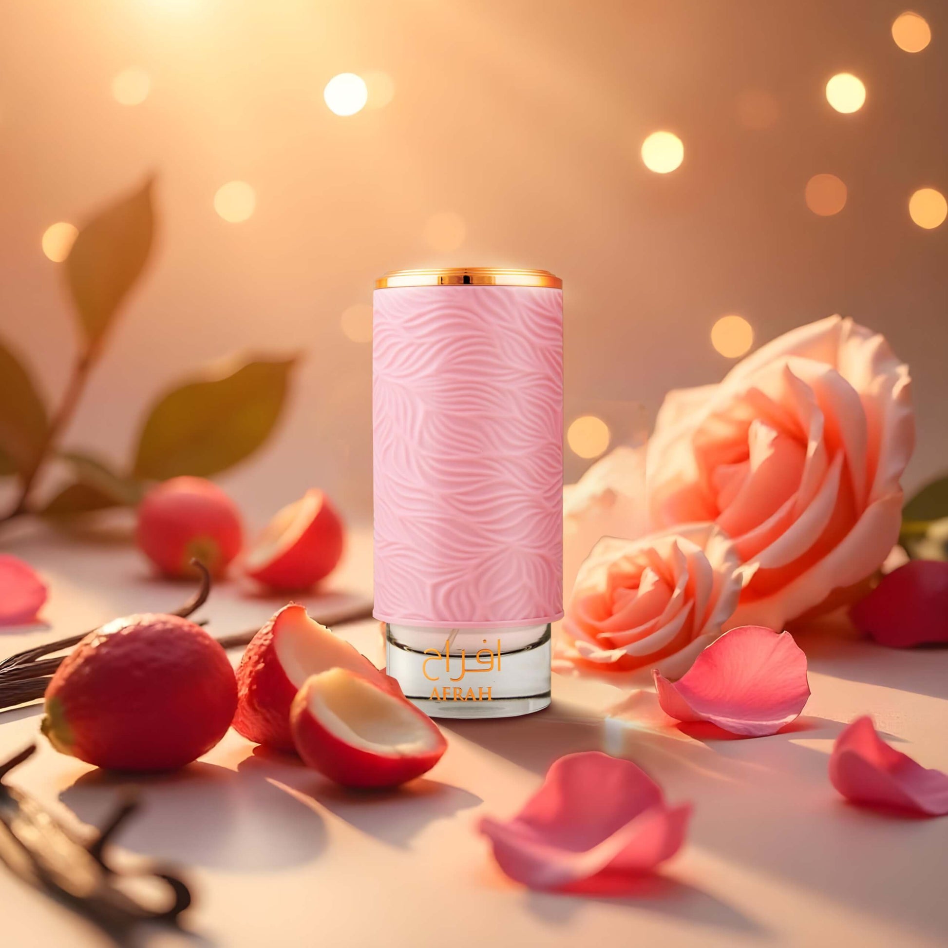 Pink cylindrical product with gold top on a surface with flowers and fruits