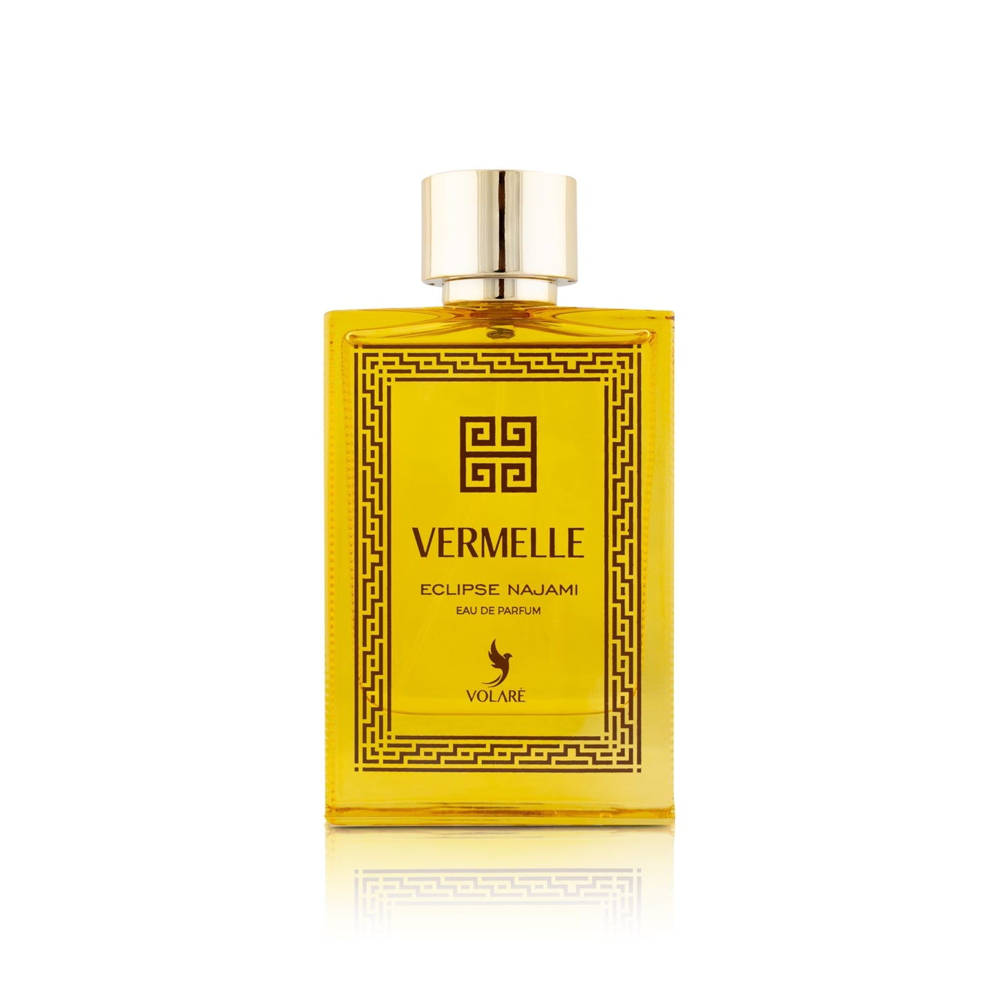 Perfume bottle with yellow label and gold cap on a white background