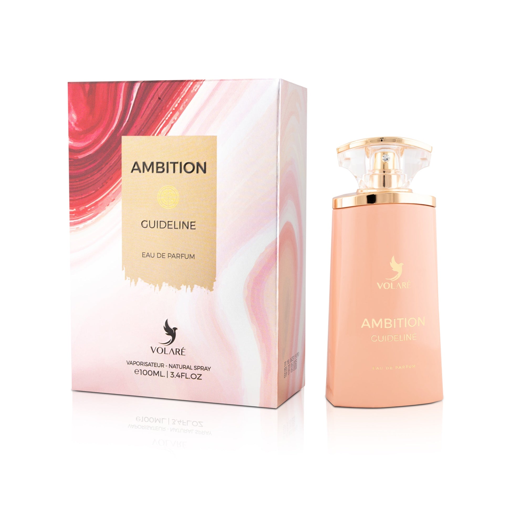 Perfume bottle and packaging of 'Ambition Guideline' by Volare on a white background