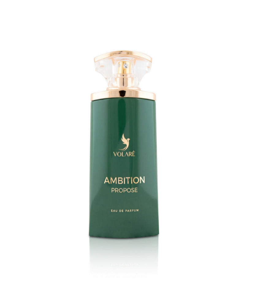 Green perfume bottle with gold cap on a white background