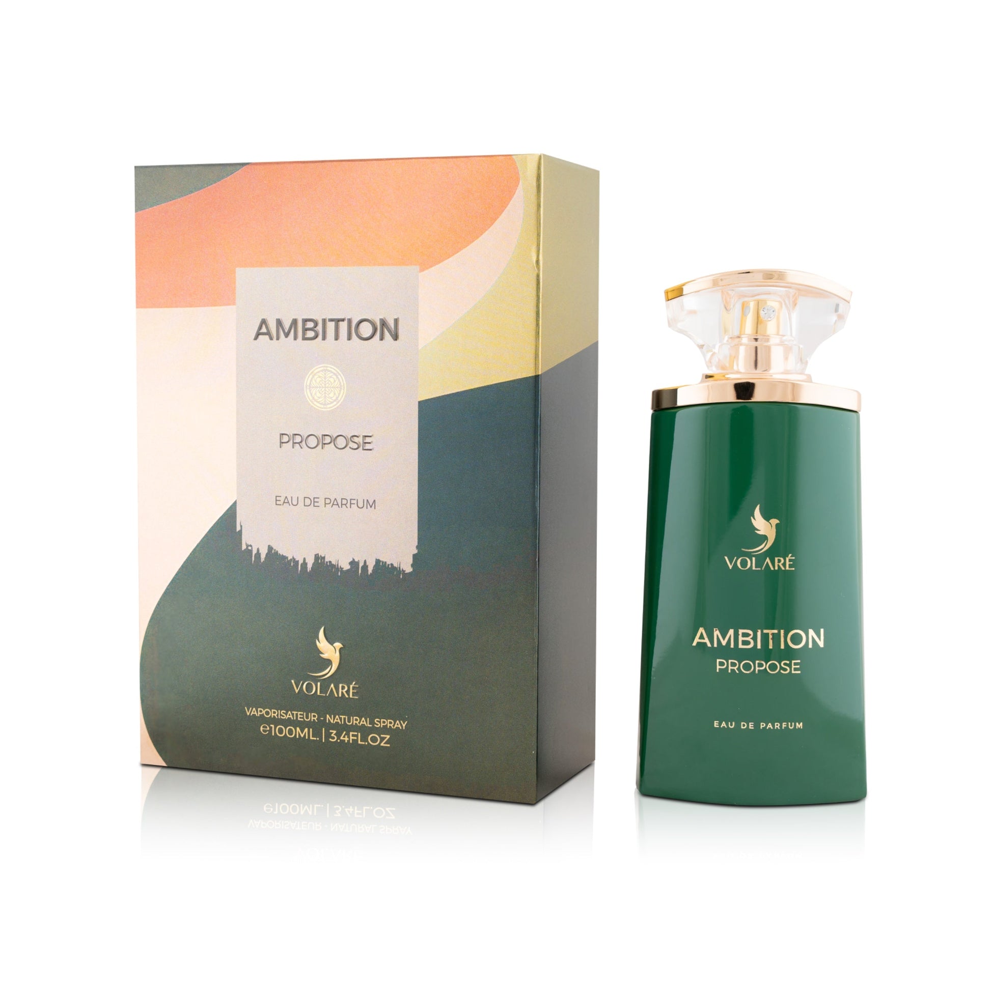 Green perfume bottle and packaging with 'Ambition Propose' branding on a white background