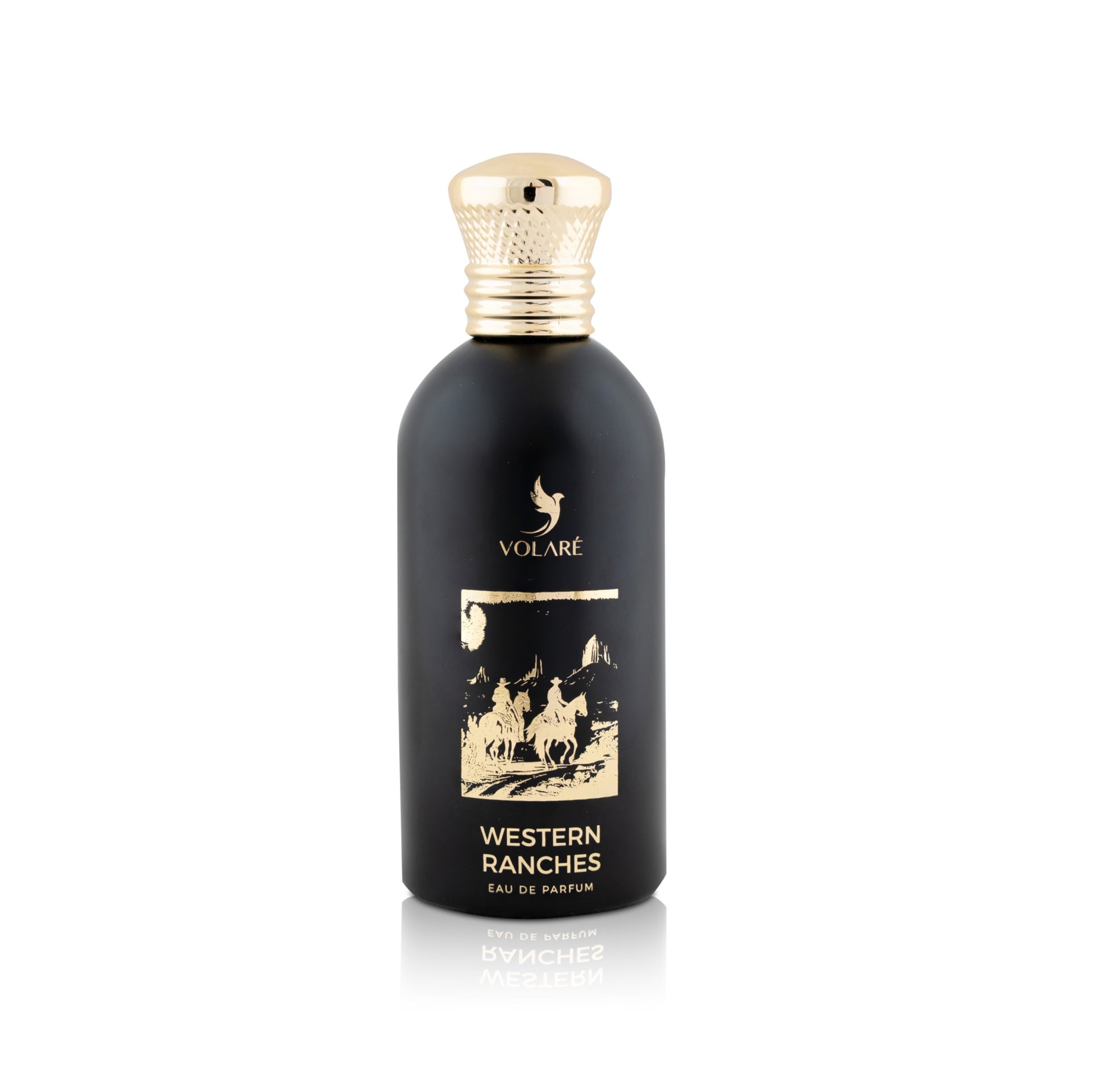 Black perfume bottle with gold cap and label on a white background